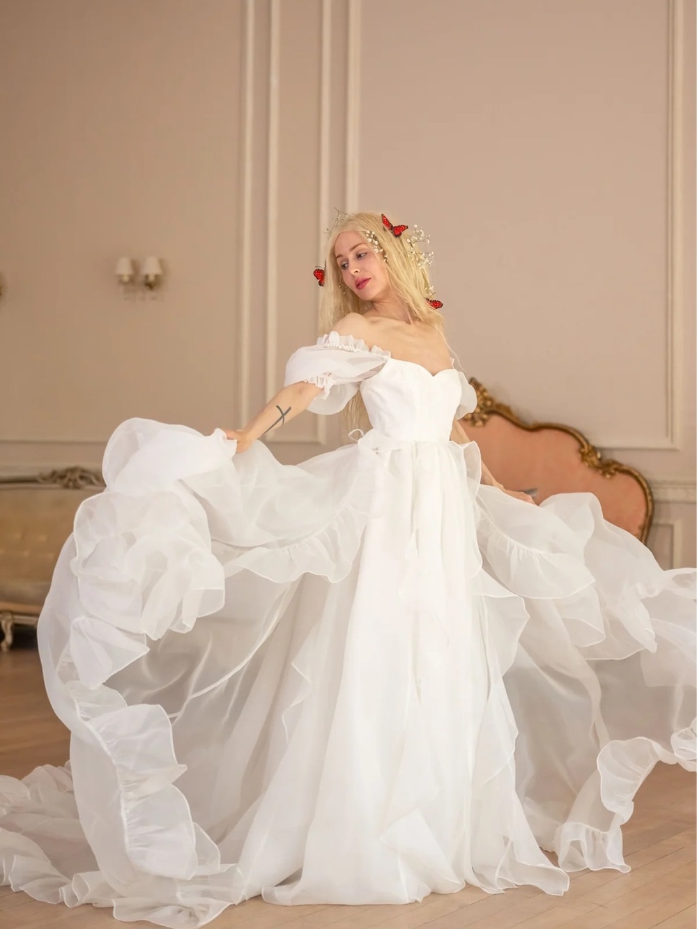 Romantic White Off-Shoulder Ruffle Wedding Dress